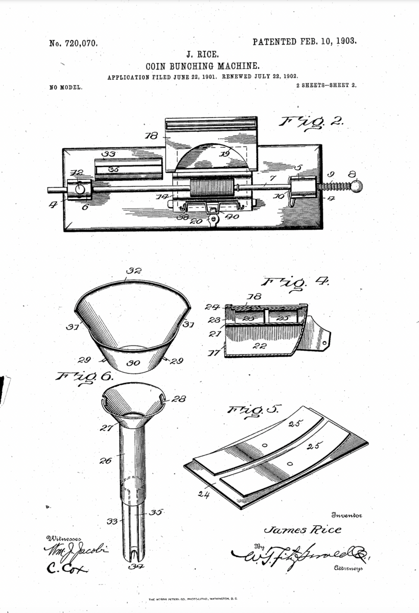 монетный ролл — James Rice Coin Bunching Machine Drawing