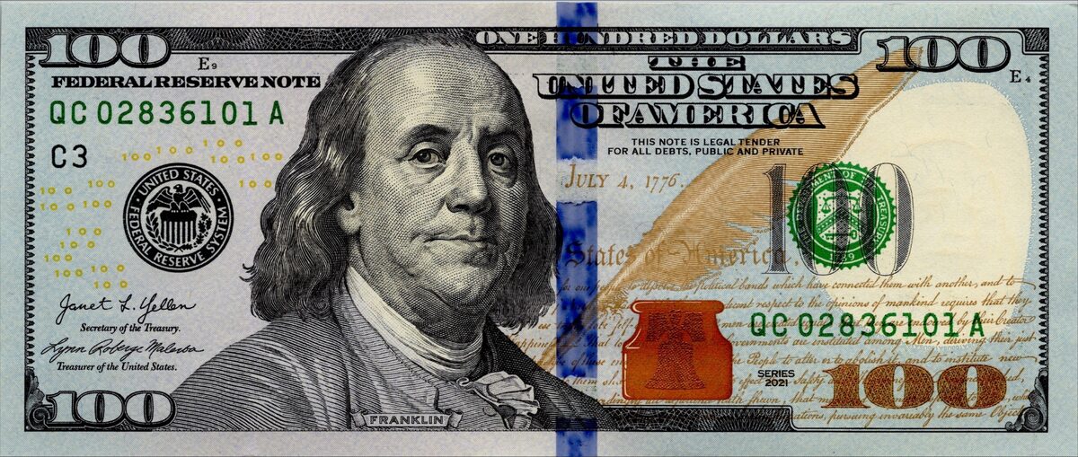 Obverse of the series 2021 $100 Federal Reserve Note